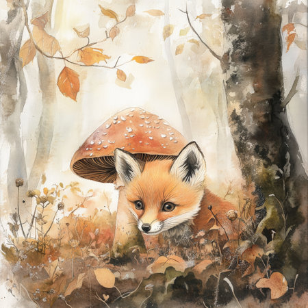 Watercolor baby fox with soft orange fur, curiously peeking from behind a large mushroom. The forest around it is misty and ethereal, with the soft hues of fall leaves and warm sunlight filtering through the trees.の素材