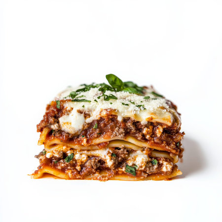A serving of classic lasagna with layers of pasta, rich meat sauce, creamy bÃÂ©chamel, and melted mozzarella, baked to bubbling perfection. Garnished with fresh basil and parmesan, this iconic Italian dish is both hearty and satisfying. Isolated on clean white backgroundの素材