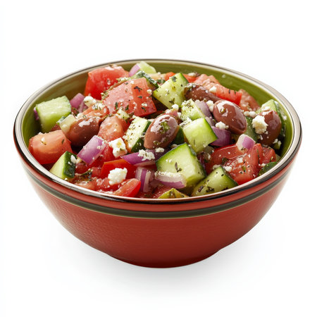 A colorful bowl of Greek salad with ripe tomatoes, cucumber slices, red onion, Kalamata olives, green bell peppers, and crumbled feta cheese. Dressed with olive oil, oregano, and red wine vinegar for a refreshing Mediterranean side dish. Isolated on clean white backgroundの素材