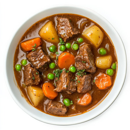 A rustic serving of beef stew with tender chunks of beef, potatoes, carrots, onions, and peas in a savory brown gravy. Simmered slowly for deep, hearty flavor. Isolated on clean white backgroundの素材