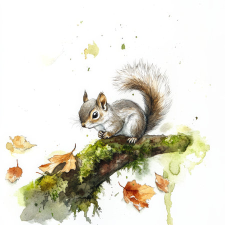 Watercolor baby squirrel with its fluffy tail wrapped around a branch, gazing curiously at the surrounding forest. The soft, green moss and fallen leaves beneath it add to the dream-like atmosphere, capturing the innocence of this woodland creature.の素材