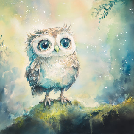 Gentle watercolor baby owl with oversized eyes perched on a mossy branch, stars twinkling above and mist rising in the background. The scene is soft, magical, and filled with warmth, feathers painted in subtle, dreamy detail.の素材