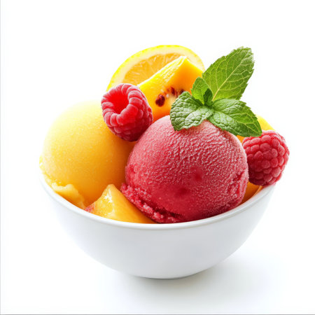 A bowl of fresh fruit sorbet in vibrant colors like mango, raspberry, and lemon, garnished with mint leaves and fruit slices. A refreshing dairy-free dessert thatÃ¢â¬â¢s perfect for warm weather and clean eating. Isolated on clean white backgroundの素材