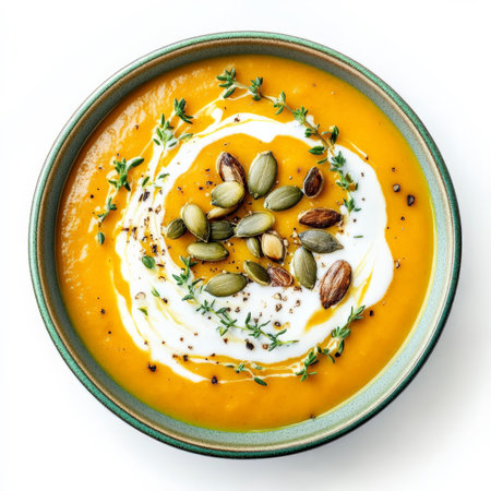 A bowl of creamy pumpkin soup garnished with roasted pumpkin seeds, fresh cream swirl, and thyme sprigs. A cozy and seasonal dish perfect for autumn menus. Isolated on clean white backgroundの素材