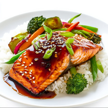A dish of teriyaki salmon glazed with a sticky-sweet soy sauce mixture, served with steamed rice and stir-fried vegetables. The fish is tender, flavorful, and garnished with sesame seeds and scallions. Isolated on clean white backgroundの素材