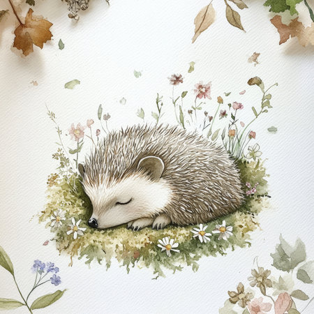 Watercolor baby hedgehog resting on a bed of soft green moss, surrounded by wildflowers and gently falling leaves. The delicate textures and soft, muted colors evoke a sense of warmth, peace, and innocence in the woodland scene.の素材