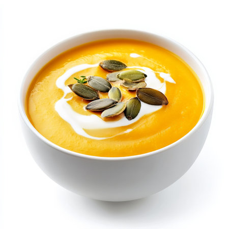 A bowl of hearty butternut squash soup, creamy and velvety in texture, garnished with roasted pumpkin seeds and a drizzle of cream. The soup is rich in flavor and perfect for warming up on a chilly autumn day. Isolated on clean white backgroundの素材