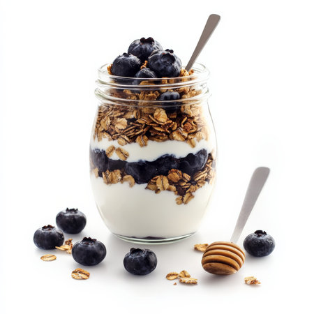 A glass jar filled with overnight oats layered with Greek yogurt, honey, blueberries, and crunchy granola. This nutritious and delicious breakfast option is easy to prepare, visually appealing, and packed with protein and fiber. Isolated on clean white backgroundの素材