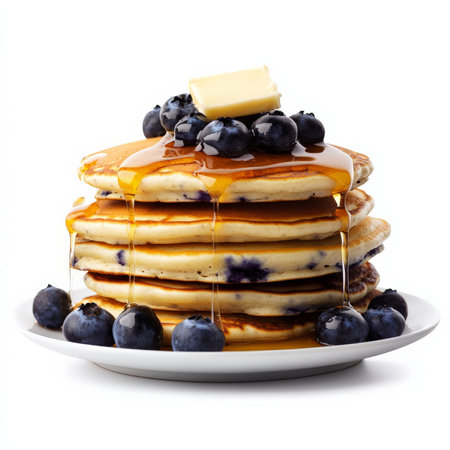 A stack of blueberry pancakes with maple syrup dripping down the sides, topped with fresh blueberries and a pat of butter. A sweet and satisfying breakfast classic. Isolated on clean white backgroundの素材