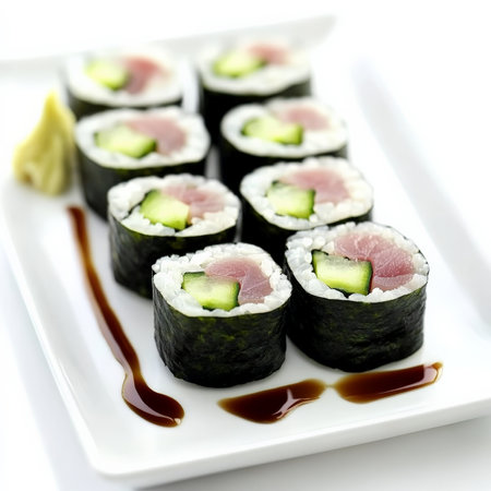 A plate of delicate sushi rolls filled with fresh tuna, avocado, cucumber, and a hint of wasabi, all wrapped in nori and drizzled with soy sauce. This light and elegant dish is perfect for an upscale dining experience or a sushi night at home. Isolated on clean white backgroundの素材