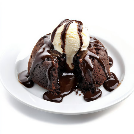 A rich chocolate lava cake with a molten center, served warm with a scoop of vanilla ice cream and drizzled with chocolate sauce. A decadent dessert favorite thatÃ¢â¬â¢s both elegant and indulgent. Isolated on clean white backgroundの素材