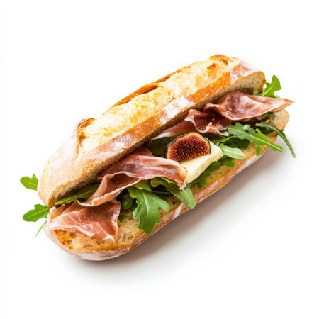 A baguette sandwich filled with prosciutto, brie cheese, arugula, and fig jam. A gourmet European-style sandwich with a balance of savory and sweet flavors. Isolated on clean white backgroundの素材