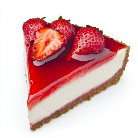 A slice of New York-style cheesecake with a buttery graham cracker crust, topped with fresh strawberries and a glossy strawberry glaze. Rich, creamy, and perfect for dessert lovers. Isolated on clean white backgroundの素材
