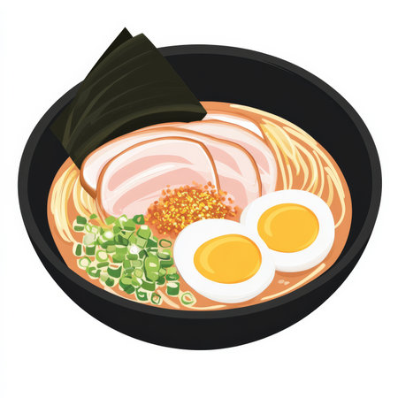 A bowl of classic ramen with rich pork broth, tender noodles, soft-boiled egg, sliced chashu pork, green onions, nori, and bamboo shoots. This comforting Japanese noodle soup offers complex flavors and textures in every delicious bite. Isolated on clean white backgroundの素材