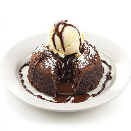 A rich chocolate lava cake with a molten center, served warm with a scoop of vanilla ice cream and drizzled with chocolate sauce. A decadent dessert favorite thatÃ¢â¬â¢s both elegant and indulgent. Isolated on clean white backgroundの素材