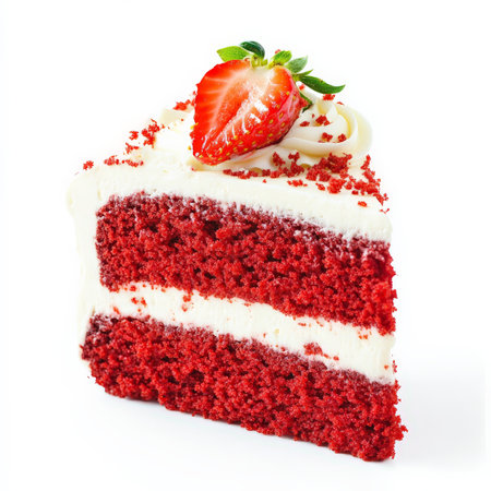 A slice of decadent red velvet cake with cream cheese frosting, topped with red cake crumbs and a strawberry. Moist, rich, and perfect for celebrations, this visually striking dessert combines classic flavors with a modern touch. Isolated on clean white backgroundの素材