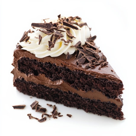 A slice of rich chocolate cake layered with dark chocolate ganache and topped with chocolate shavings. Served with a dollop of whipped cream for an indulgent dessert experience. Isolated on clean white backgroundの素材