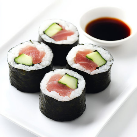 A plate of delicate sushi rolls filled with fresh tuna, avocado, cucumber, and a hint of wasabi, all wrapped in nori and drizzled with soy sauce. This light and elegant dish is perfect for an upscale dining experience or a sushi night at home. Isolated on clean white backgroundの素材