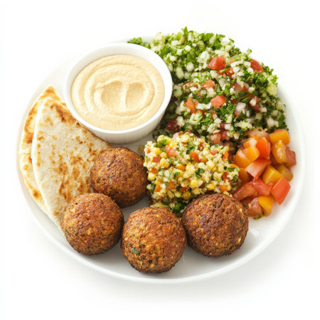 A serving of falafel balls with a crispy golden crust and a tender, spiced chickpea interior. Plated with hummus, tabbouleh, pita bread, and tahini sauce for a vegetarian Middle Eastern feast. Isolated on clean white backgroundの素材