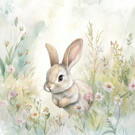 Dreamy watercolor baby rabbit hopping through a field of soft, pastel-colored wildflowers, its large ears bouncing with every hop. The gentle forest light and soft textures create a magical, serene woodland atmosphere.の素材