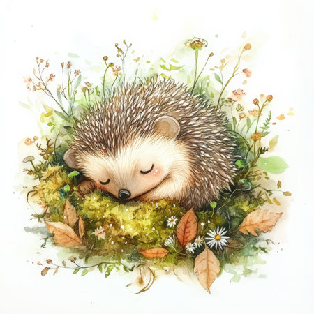 Watercolor baby hedgehog nestled in a bed of soft moss and fallen leaves, with tiny wildflowers growing around it. The dreamy woodland scene is bathed in soft morning light, casting a warm, peaceful glow on the adorable creature.の素材