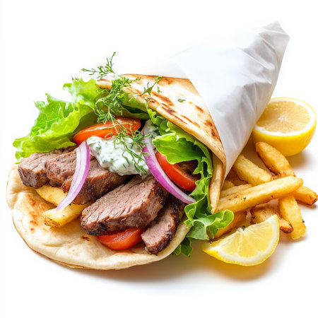 A Greek gyro wrap with grilled lamb, sliced tomatoes, red onion, lettuce, and tzatziki sauce in a warm pita. Served with lemon wedges and crispy seasoned fries. A Mediterranean street food favorite. Isolated on clean white backgroundの素材