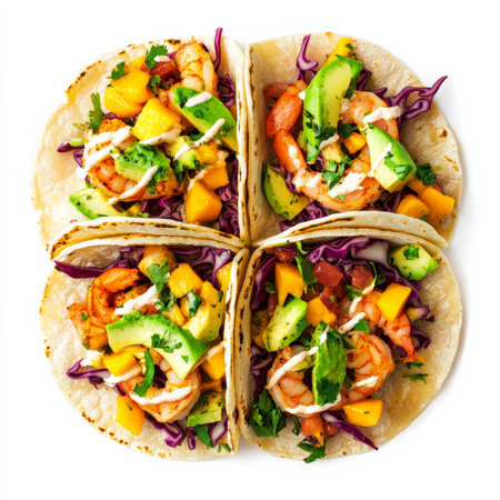 A vibrant and spicy shrimp taco trio on soft corn tortillas, topped with shredded cabbage, mango salsa, avocado slices, and a drizzle of chipotle mayo. A burst of color and flavor perfect for street food lovers or summer dining. Isolated on clean white backgroundの素材