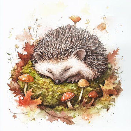 Watercolor baby hedgehog curled up in a bed of soft moss and fallen leaves, surrounded by delicate mushrooms and gentle forest light. The peaceful, dreamy atmosphere captures the innocence and charm of this woodland creature.の素材