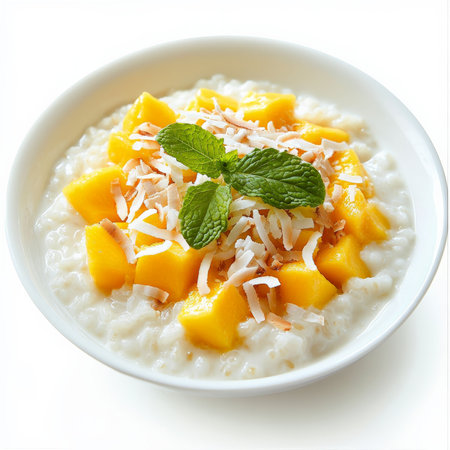 A creamy coconut rice pudding topped with mango chunks, toasted coconut flakes, and a mint sprig. A tropical dessert thatÃ¢â¬â¢s rich, sweet, and comforting. Isolated on clean white backgroundの素材