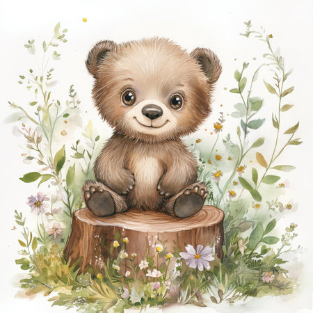 Dreamy watercolor baby bear sitting on a tree stump, surrounded by soft foliage and delicate wildflowers. Its fluffy fur and wide eyes evoke warmth and gentleness, painted in soft, soothing tones to match the peaceful woodland scene.の素材