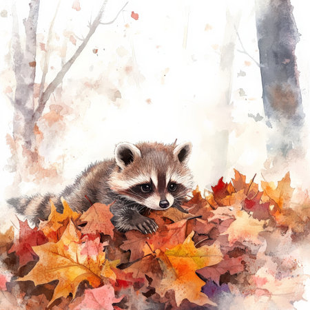 Watercolor baby raccoon exploring a pile of soft, colorful autumn leaves, its tiny paws and fluffy fur painted with delicate details. The surrounding woodland is filled with mist and the soft glow of dawn, creating a magical atmosphere.の素材