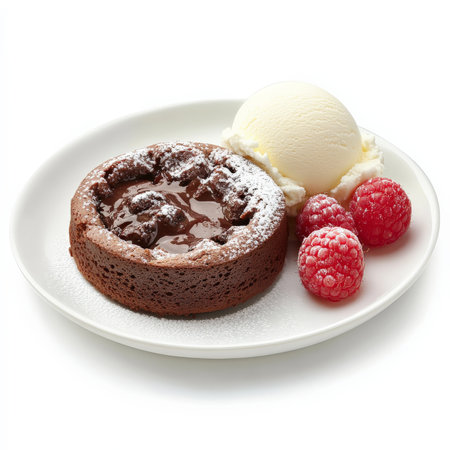 A decadent chocolate lava cake with a molten, gooey center, served warm and dusted with powdered sugar. This rich dessert is paired with a scoop of vanilla ice cream and a few fresh raspberries for a perfect finish to any meal. Isolated on clean white backgroundの素材