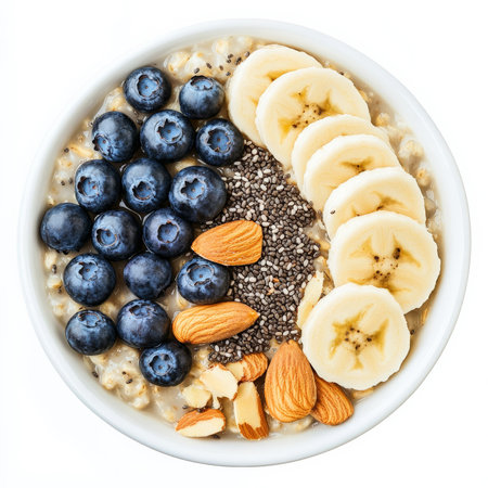 A bowl of oatmeal topped with banana slices, blueberries, almonds, chia seeds, and a drizzle of honey. A warm, nutritious, and customizable breakfast bowl. Isolated on clean white backgroundの素材
