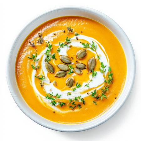 A bowl of creamy pumpkin soup garnished with roasted pumpkin seeds, fresh cream swirl, and thyme sprigs. A cozy and seasonal dish perfect for autumn menus. Isolated on clean white backgroundの素材