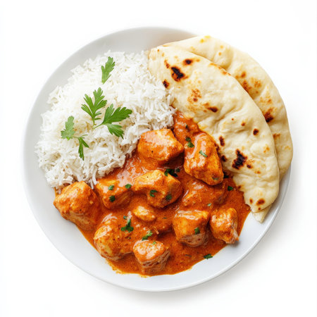 A serving of butter chicken with tender chicken pieces in a creamy, tomato-based curry sauce, served with fluffy basmati rice and warm garlic naan. A popular Indian dish rich in flavor and perfect for spice lovers. Isolated on clean white backgroundの素材