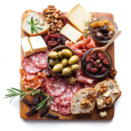 A charcuterie board with cured meats, olives, dried fruits, cheese cubes, nuts, and crusty bread slices. A savory spread for social gatherings and wine pairings. Isolated on clean white backgroundの素材