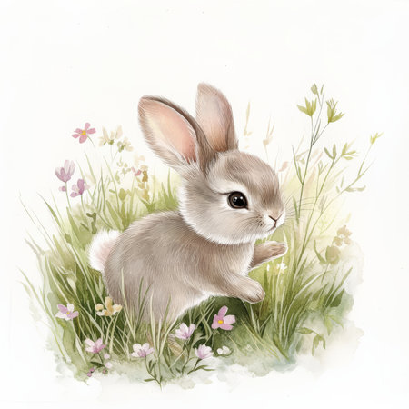 Hand-painted watercolor baby rabbit hopping through a patch of wildflowers, its fluffy tail bouncing behind it. The soft green grass and pastel blooms create a dreamy woodland scene filled with light and warmth.の素材