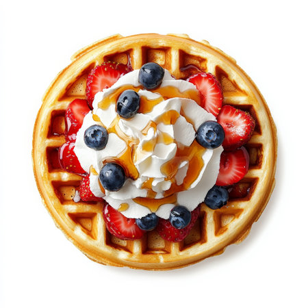 A warm Belgian waffle topped with whipped cream, strawberries, blueberries, and maple syrup. This sweet breakfast favorite is light, crisp, and full of flavor. Isolated on clean white backgroundの素材