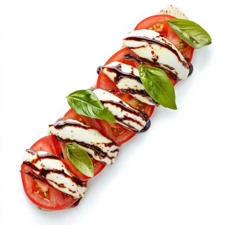 A vibrant, fresh caprese salad with ripe red tomatoes, creamy mozzarella cheese, fresh basil leaves, and a drizzle of balsamic glaze. The combination of flavors and colors makes for a perfect summer dish, served as a light appetizer or side dish. Isolated on clean white backgroundの素材