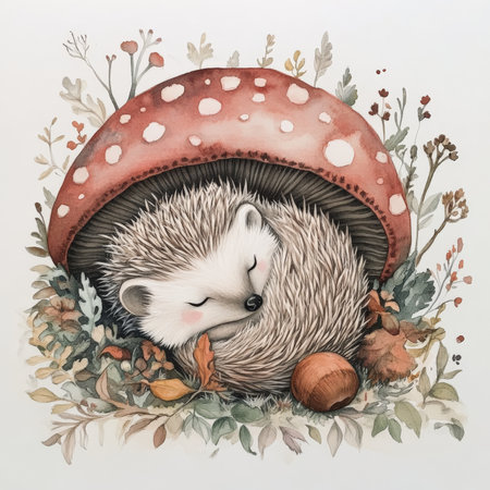 Hand-painted baby hedgehog curled into a ball of tiny quills, resting under a toadstool umbrella. Surrounded by forest foliage, acorns, and tiny woodland flowers in a dreamy, fluffy-textured watercolor scene with soft pastel colors.の素材