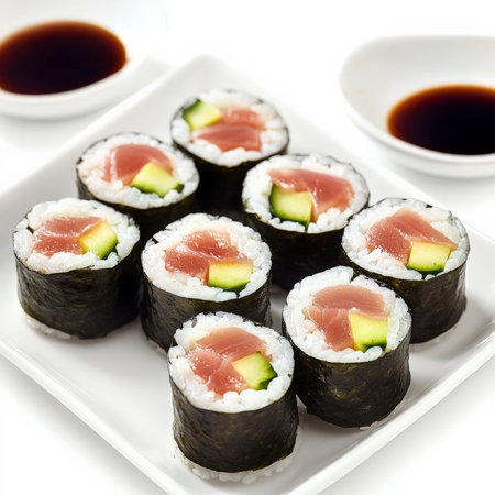 A plate of delicate sushi rolls filled with fresh tuna, avocado, cucumber, and a hint of wasabi, all wrapped in nori and drizzled with soy sauce. This light and elegant dish is perfect for an upscale dining experience or a sushi night at home. Isolated on clean white backgroundの素材