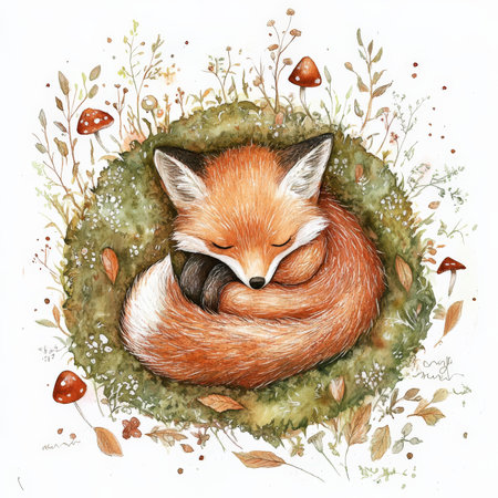 Dreamy watercolor baby fox sleeping curled in a bed of soft forest moss, surrounded by delicate mushrooms, fallen autumn leaves, and pastel wildflowers. Hand-painted woodland illustration with fluffy fur texture, gentle lighting, and warm earthy tones.の素材