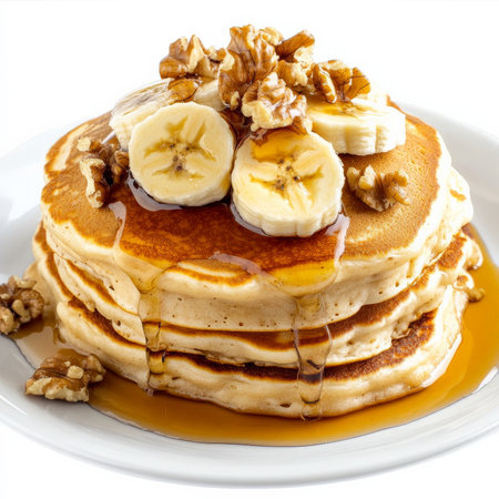 A serving of fluffy buttermilk pancakes stacked high and topped with sliced bananas, maple syrup, and chopped walnuts. A comforting and sweet breakfast option thatÃ¢â¬â¢s both classic and crowd-pleasing. Isolated on clean white backgroundの素材