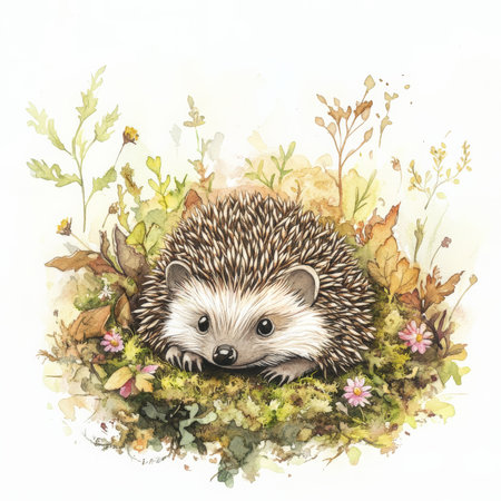 Watercolor baby hedgehog nestled in a bed of soft moss and fallen leaves, with tiny wildflowers growing around it. The dreamy woodland scene is bathed in soft morning light, casting a warm, peaceful glow on the adorable creature.の素材