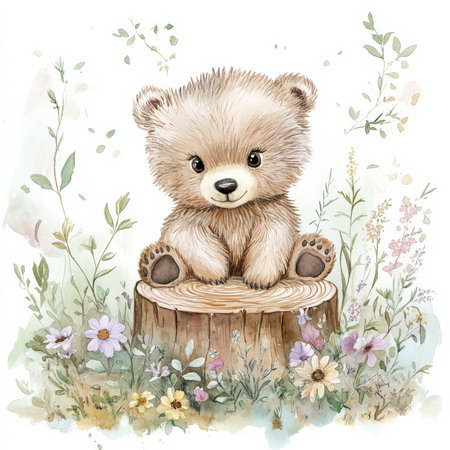 Dreamy watercolor baby bear sitting on a tree stump, surrounded by soft foliage and delicate wildflowers. Its fluffy fur and wide eyes evoke warmth and gentleness, painted in soft, soothing tones to match the peaceful woodland scene.の素材