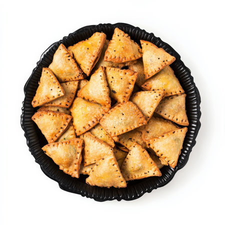 A platter of golden-brown samosas filled with spiced potatoes and peas, served with tamarind and mint chutneys. These crisp Indian pastries are perfect as an appetizer or snack, offering bold spices in a flaky shell. Isolated on clean white backgroundの素材