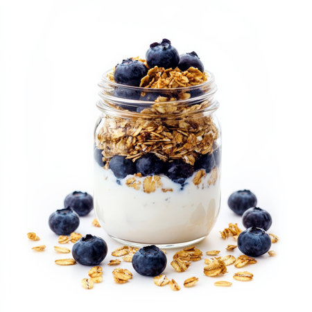 A glass jar filled with overnight oats layered with Greek yogurt, honey, blueberries, and crunchy granola. This nutritious and delicious breakfast option is easy to prepare, visually appealing, and packed with protein and fiber. Isolated on clean white backgroundの素材