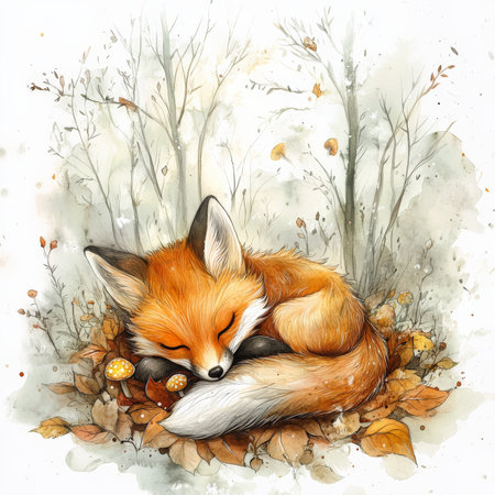 Watercolor baby fox with soft golden fur curled up in a bed of autumn leaves, surrounded by misty trees and tiny mushrooms. Its fluffy tail rests across its paws in a peaceful woodland setting, painted with dreamy, light-filled textures.の素材