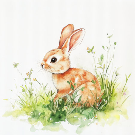 Watercolor baby rabbit with long, fluffy ears, hopping through a meadow of soft green grasses and delicate wildflowers. The peaceful woodland scene is filled with gentle sunlight, casting a warm, dream-like glow over the adorable creature.の素材