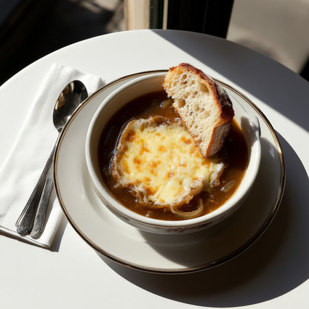 A bowl of classic French onion soup with deeply caramelized onions in a savory beef broth, topped with a slice of toasted baguette and melted GruyÃÂ¨re cheese. Rich, comforting, and perfect for chilly weather meals. Isolated on clean white backgroundの素材